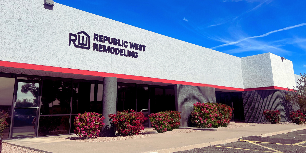 building-photo-1 Republic West Remodeling showroom in Tempe, Arizona, photographed midday with clear skies, featuring modern exterior design and visible company signage
