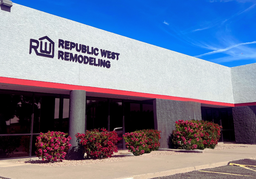 Republic West Remodeling showroom in Tempe, Arizona, photographed midday with clear skies, featuring modern exterior design and visible company signage